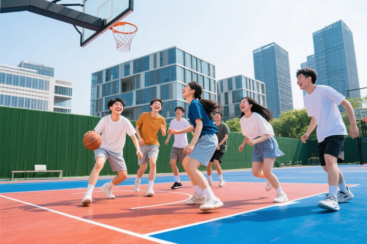 中国年轻人在户外篮球场上充满活力地打篮球